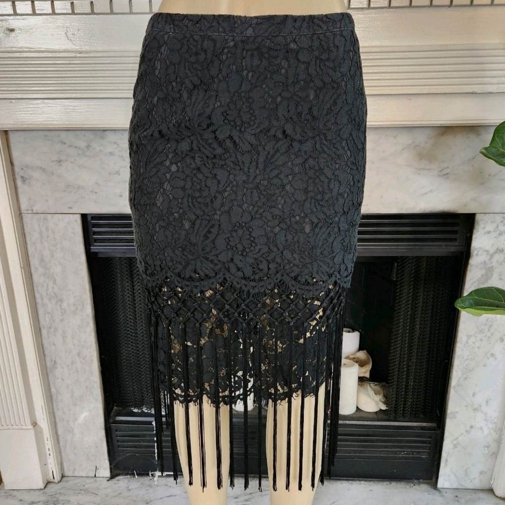 Black Lace Pencil Skirt Fringe Gothic Boho Office Siren Vamp Size Small - Picture 2 of 5